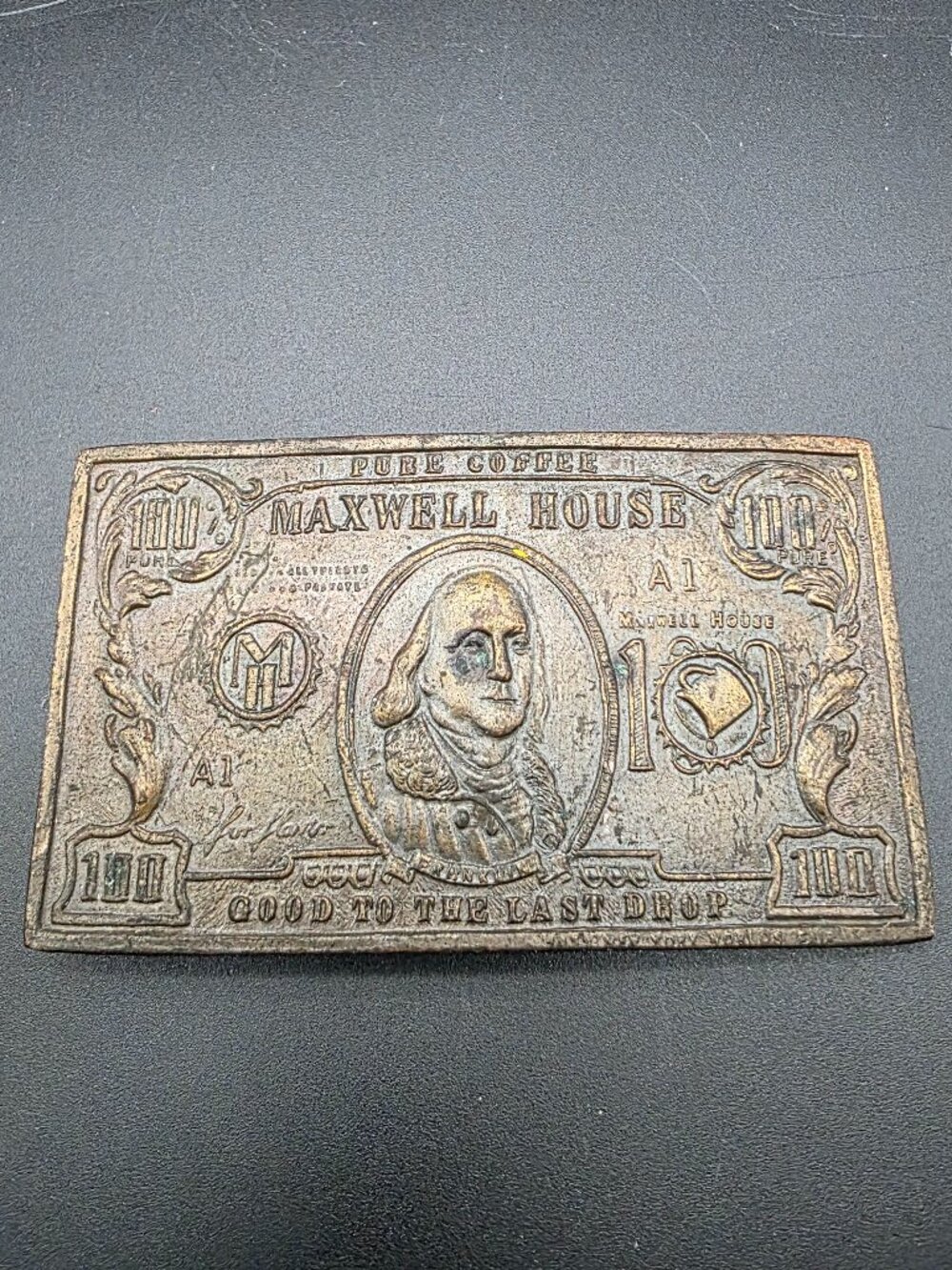 Maxwell House $100 Franklin Bill Solid Brass Vintage Belt Buckle